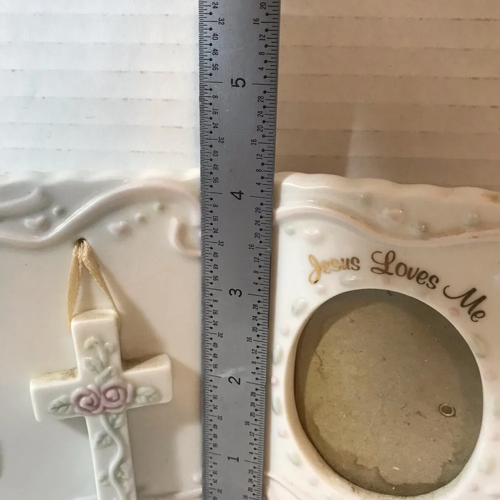 Russ Berrie White Ceramic Frame with Pink Accents and Cross